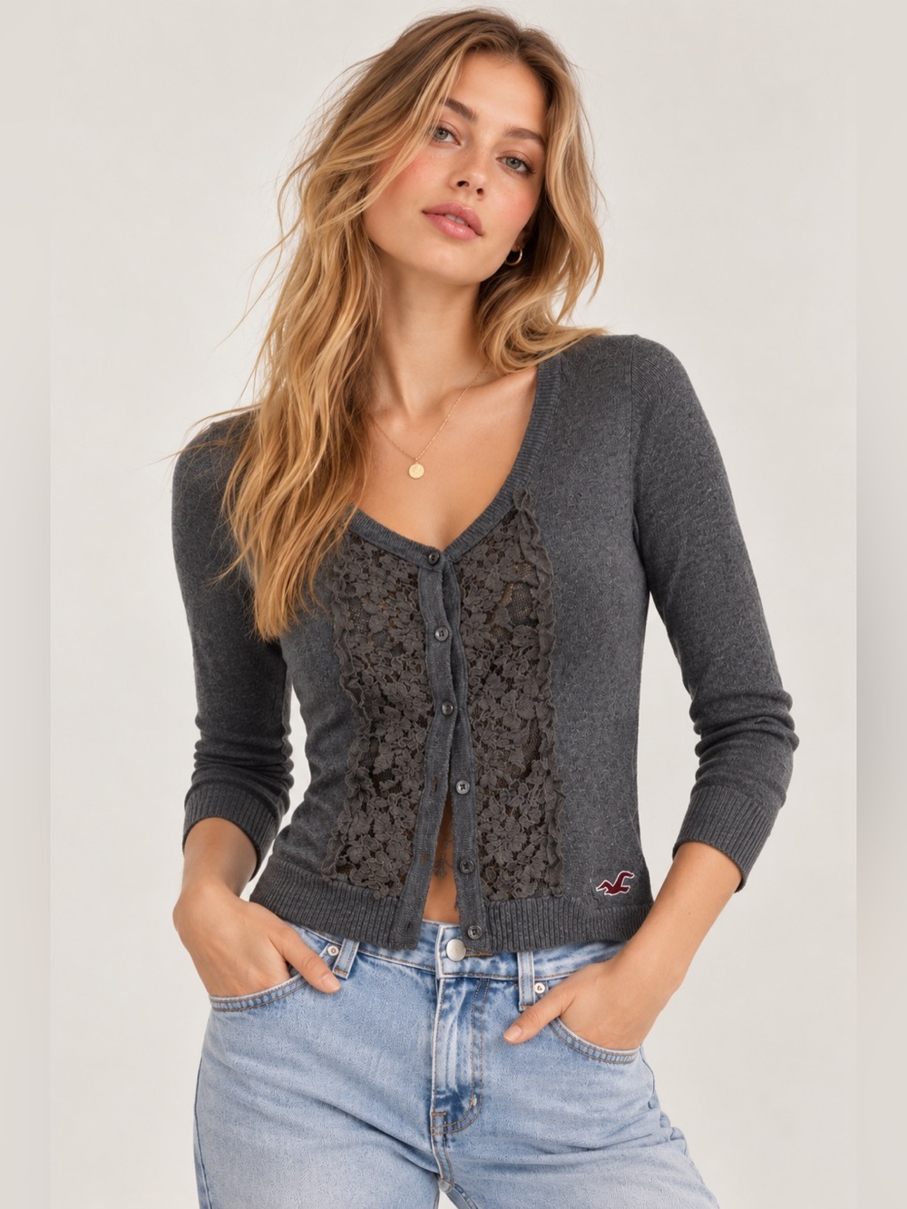 Hollister Charcoal Gray Lace Front Cardigan Sweater Size S